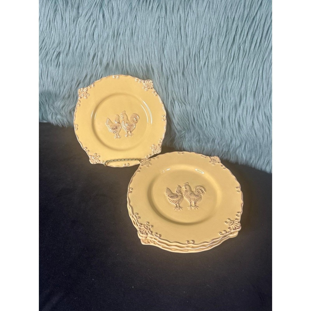 4 Embossed Rooster Yellow Salad Plates 
Sweet Olive Designs 9" D VTG Farmhouse